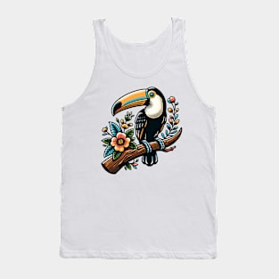 Toucan bird on a tree branch with colorful flowers Tank Top